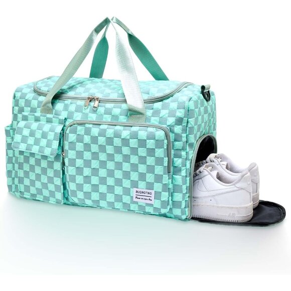 Women Blue Checkered Small Gym Carry On Weekender Travel Shoe Compartment Bag - Picture 6 of 6
